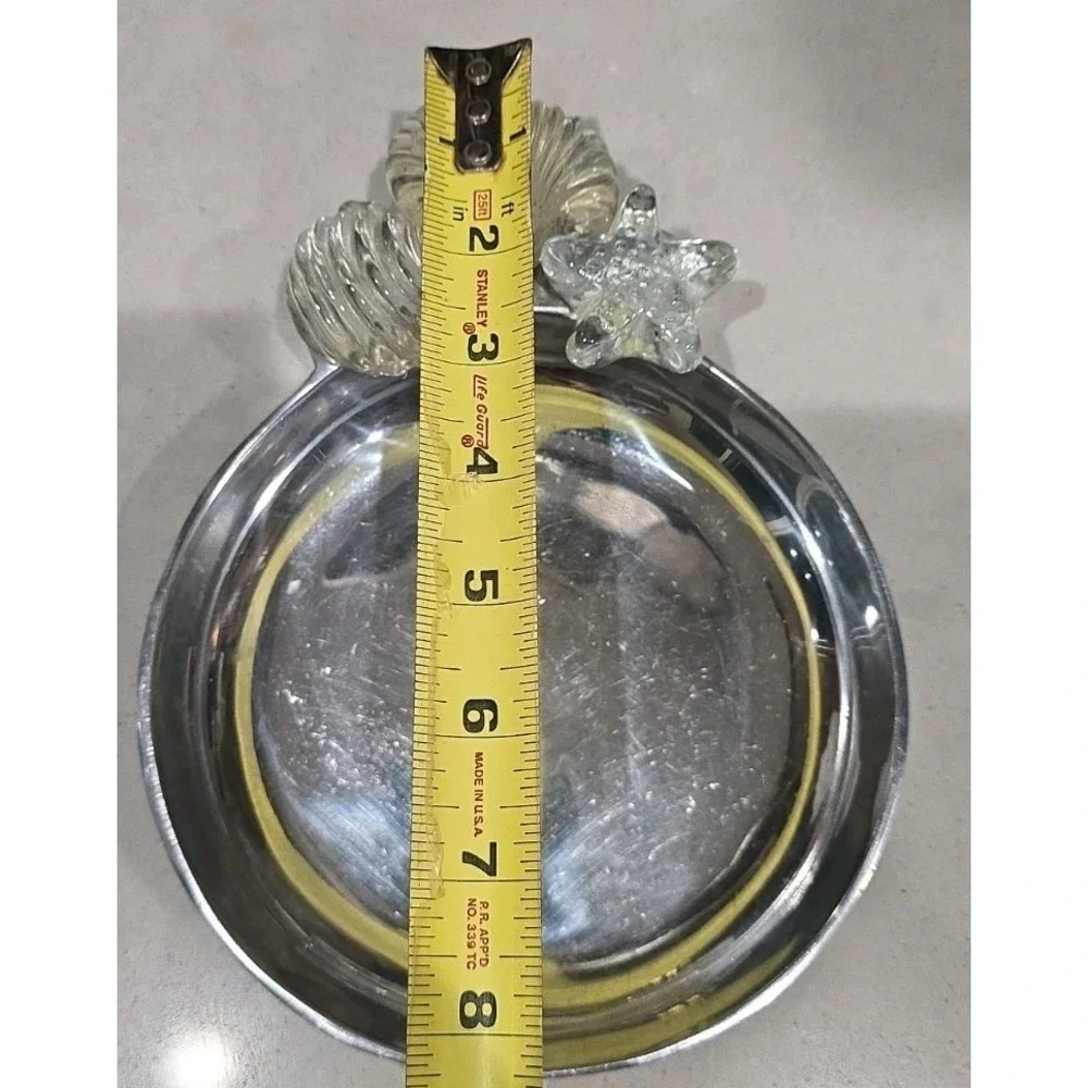 Vintage Silver Pewter Serving Tray Decorative Coadtal Glass Shell & Starfish